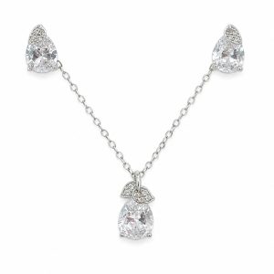 Set Arete Dije Cadena Zirconia Gota con Hoja
